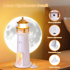 Moon Lighthouse Projector Night Light with Motion Sensor - Rechargeable LED Galaxy Table Lamp, Moon Lamp for Kids, Bedroom, Nursery Decor - Perfect Christmas, Birthday Gift for Boys & Girls